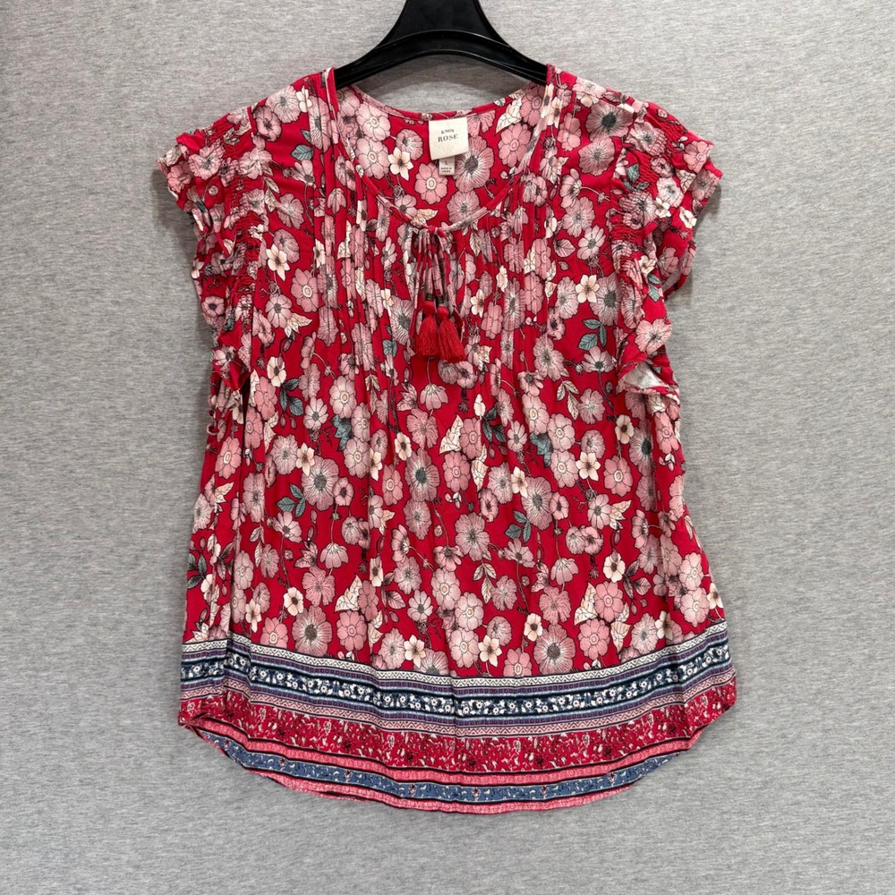 Knox Rose Floral Blouse Womens Large Red Boho Tassel Flutter Sleeve Cottagecore